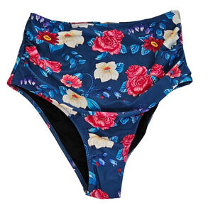 Cupshe Bikini Bottom High Rise Ruched Tropical Floral Stretch Blue Women's Med